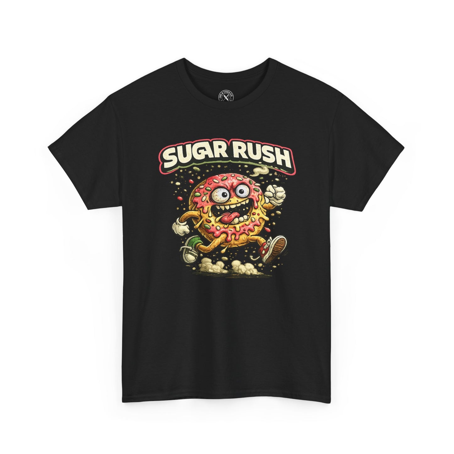 Black t-shirt with 'Sugar Rush' donut graphic design on a white background