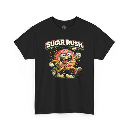 Black t-shirt with 'Sugar Rush' donut graphic design on a white background