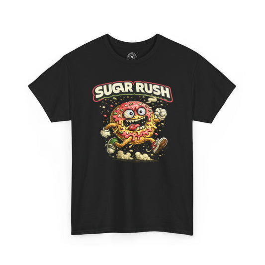 Black t-shirt with 'Sugar Rush' donut graphic design on a white background