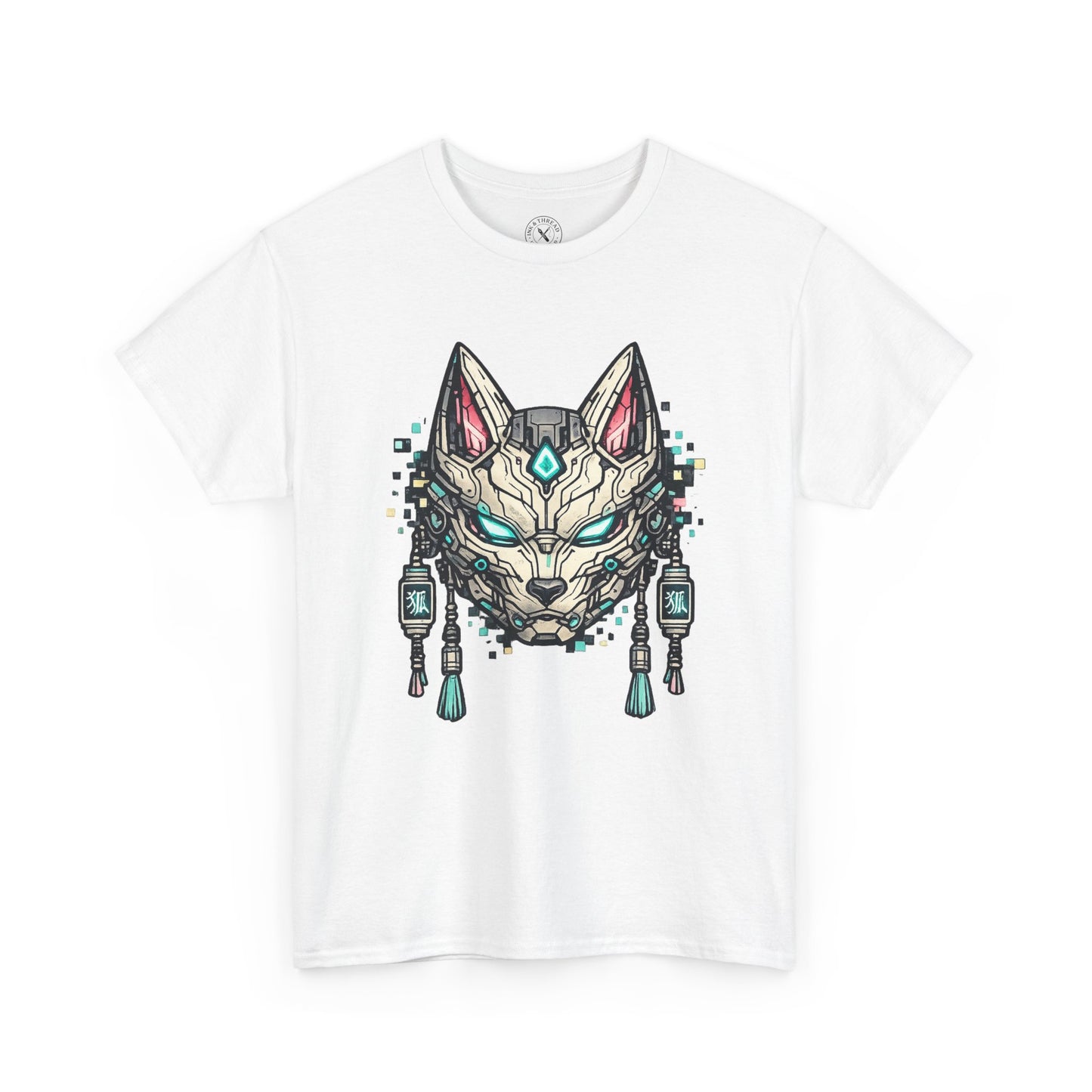 White t-shirt with a graphic of a stylized wolf head design on a white background