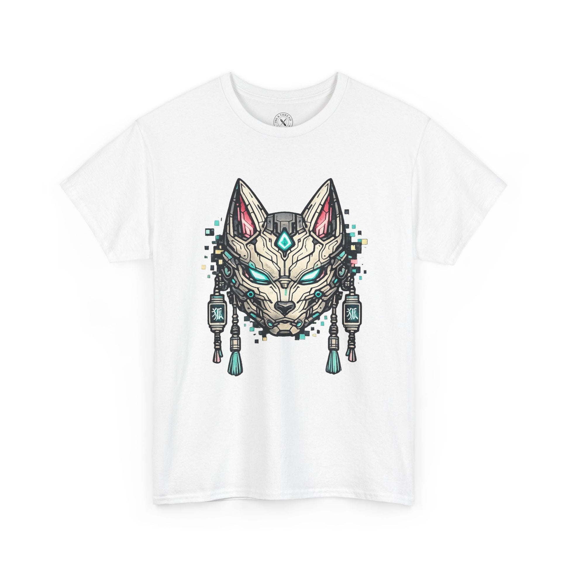White t-shirt with a graphic of a stylized wolf head design on a white background