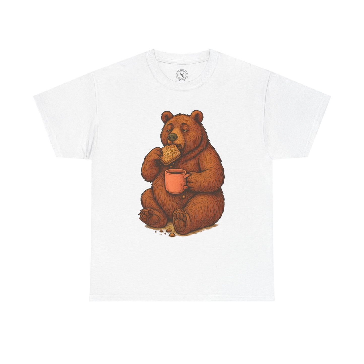 White t-shirt with a bear holding a mug and cookies design on a white background