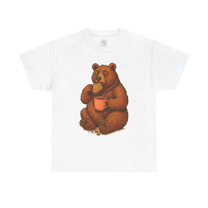 White t-shirt with a bear holding a mug and cookies design on a white background