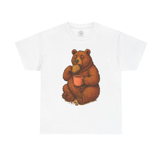 White t-shirt with a bear holding a mug and cookies design on a white background