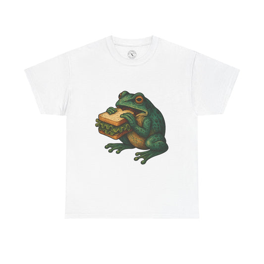 White t-shirt with a green frog holding a piece of bread graphic on a white background