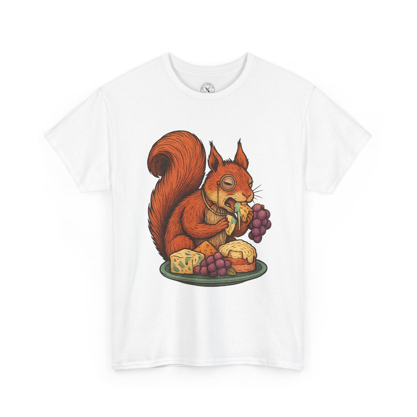 White t-shirt with a colorful graphic of a squirrel eating cheese and grapes on a white background