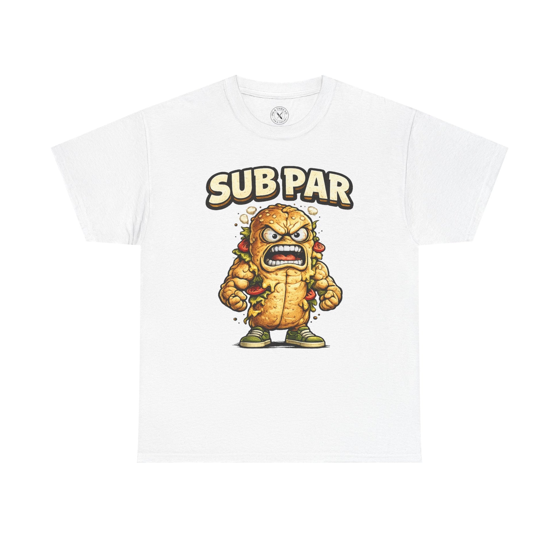 White t-shirt with a cartoon character and 'SUB PAR' text on a white background