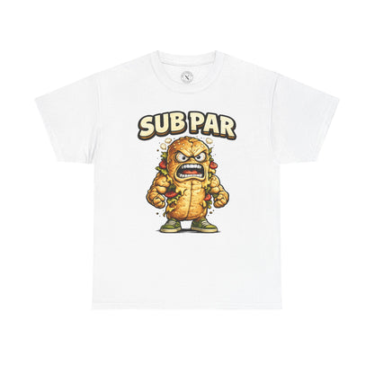 White t-shirt with a cartoon character and 'SUB PAR' text on a white background