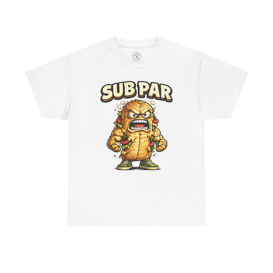 White t-shirt with a cartoon character and 'SUB PAR' text on a white background