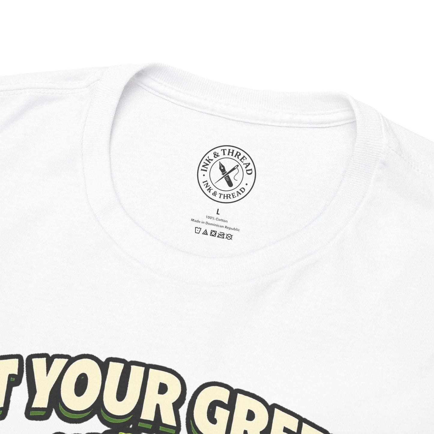 White t-shirt with a logo and text on a white background