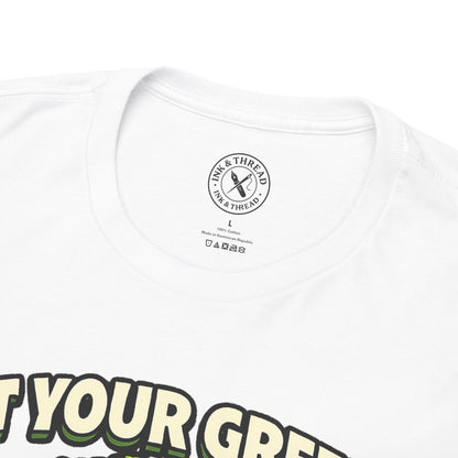 White t-shirt with a logo and text on a white background
