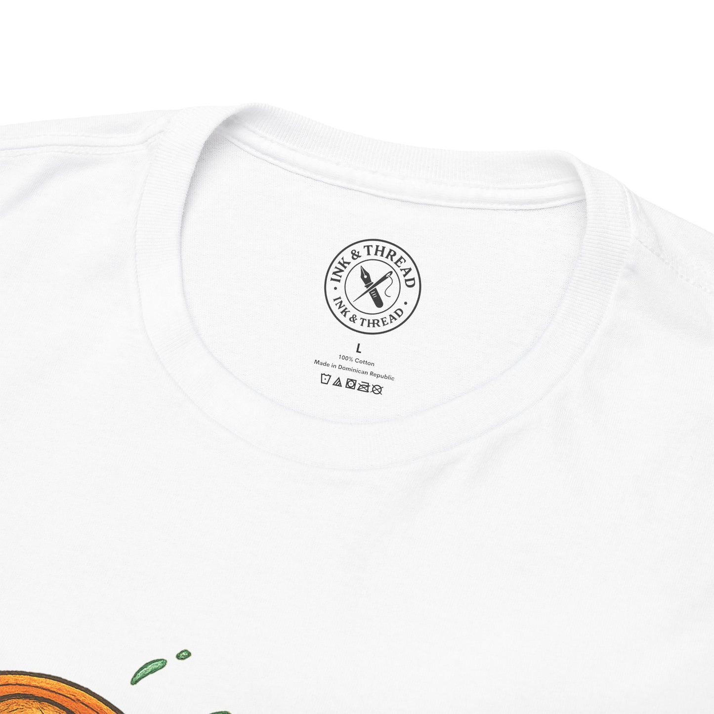 White t-shirt with a brand logo on a white background