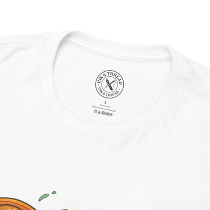 White t-shirt with a brand logo on a white background