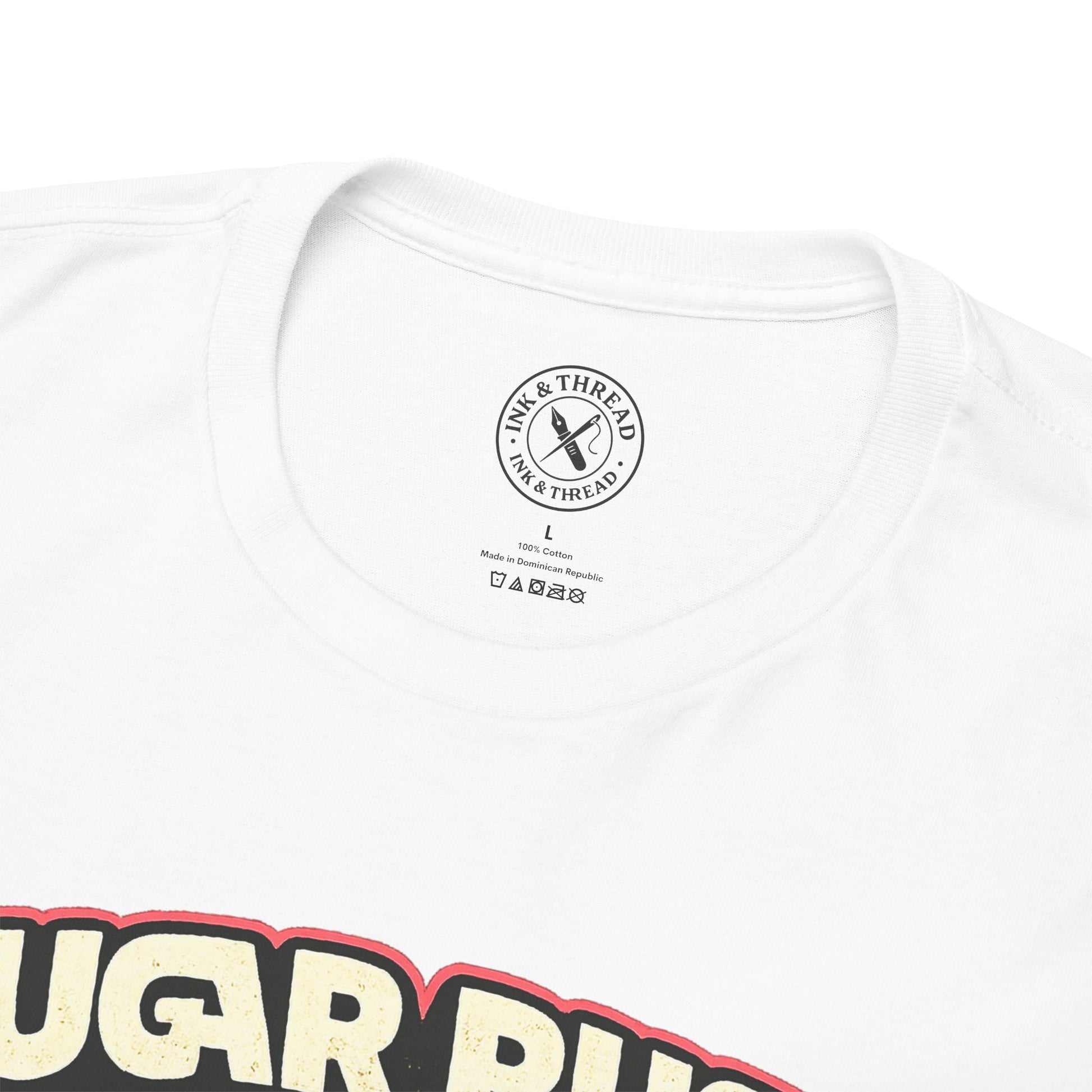 White t-shirt with a visible brand logo on a white background