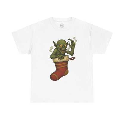 Stocking Stalker dark Christmas tattoo art T-shirt featuring monstrous creature emerging from stocking
