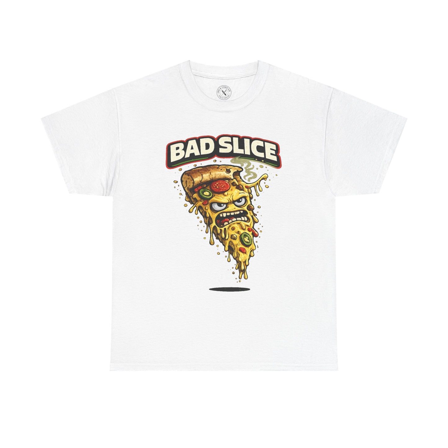 White t-shirt with a pizza graphic and 'Bad Slice' text on a white background