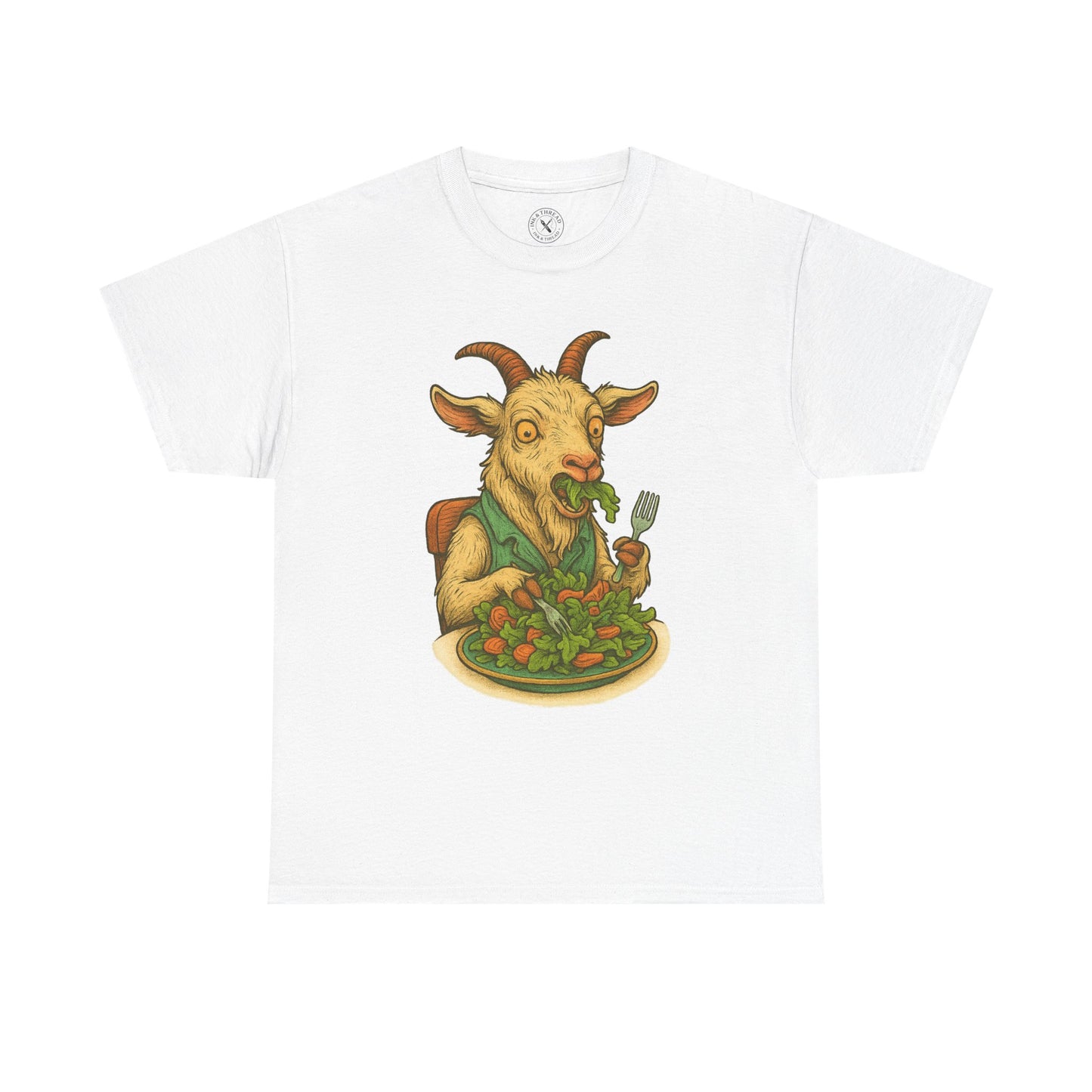 White t-shirt with a graphic of a goat eating salad on a white background