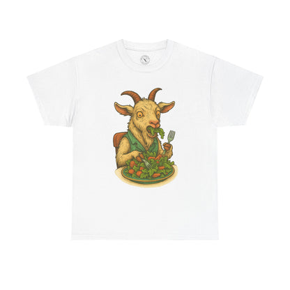 White t-shirt with a graphic of a goat eating salad on a white background