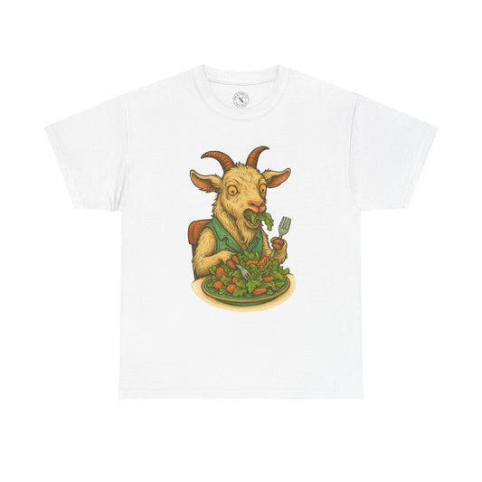 White t-shirt with a graphic of a goat eating salad on a white background