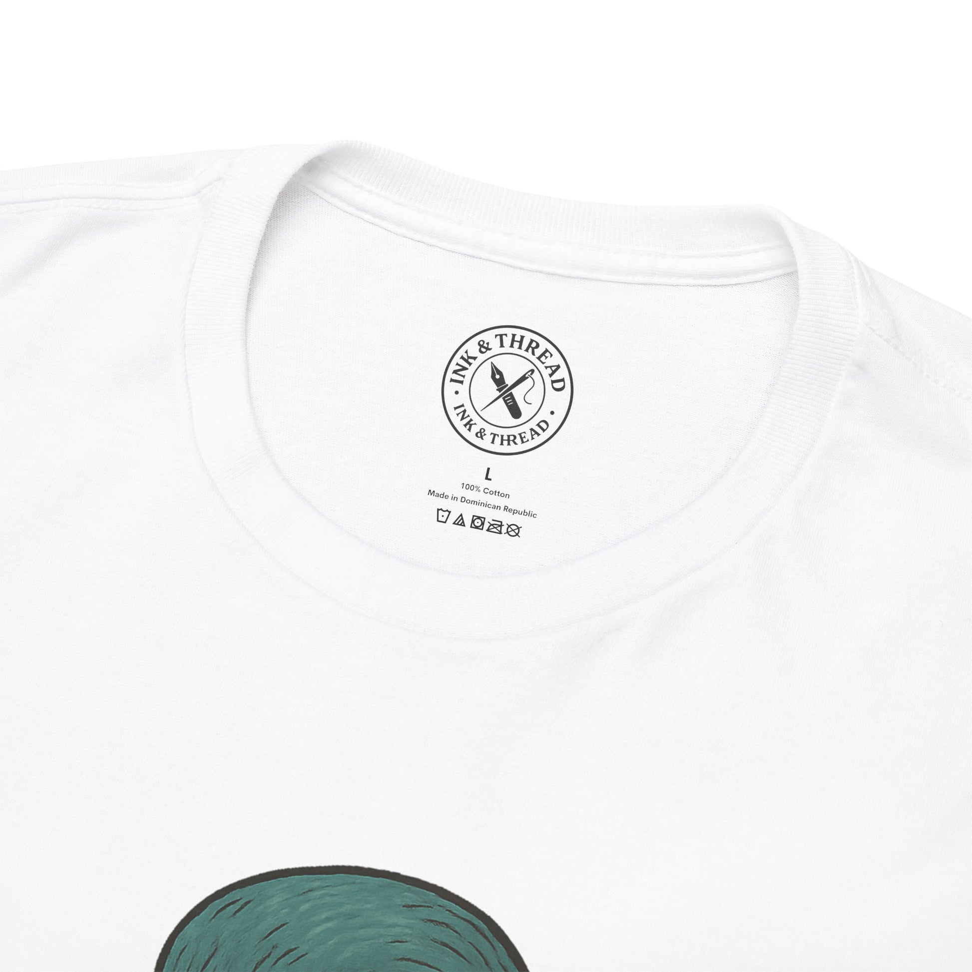 White t-shirt with a brand logo on a white background
