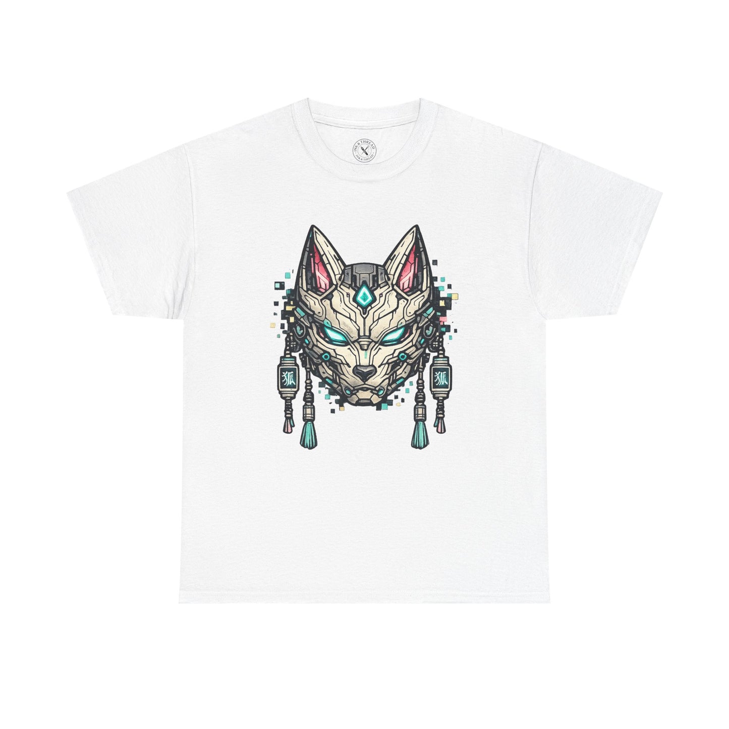 White t-shirt with a graphic of a stylized wolf head design on a white background
