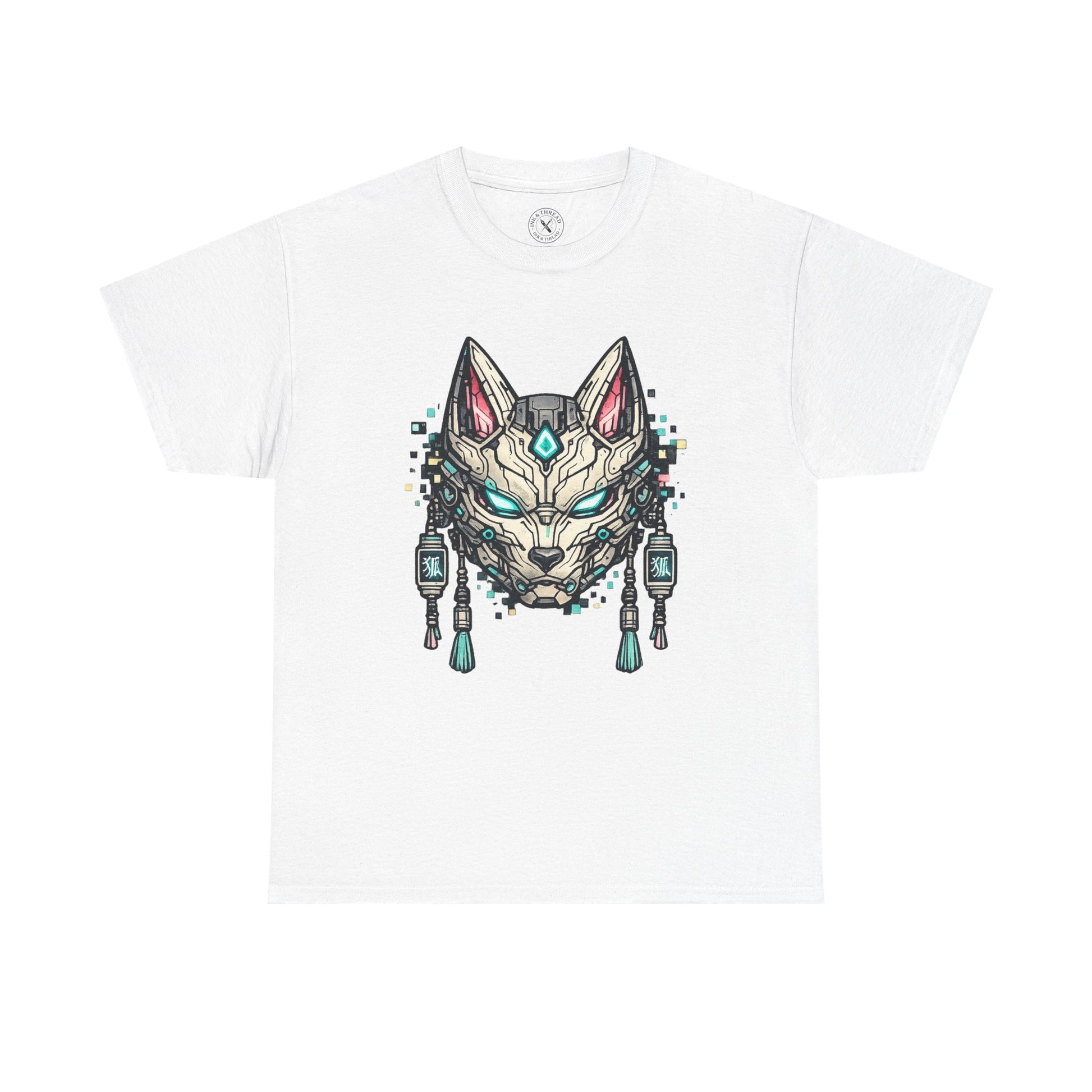 White t-shirt with a graphic of a stylized wolf head design on a white background