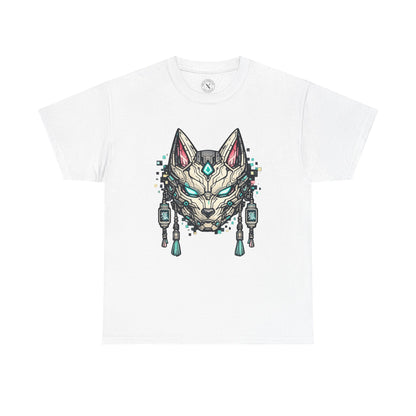 White t-shirt with a graphic of a stylized wolf head design on a white background