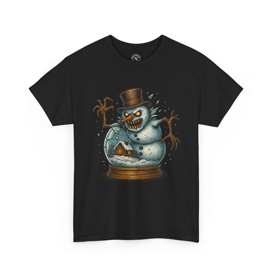 Black t-shirt with a snowman graphic on a white background