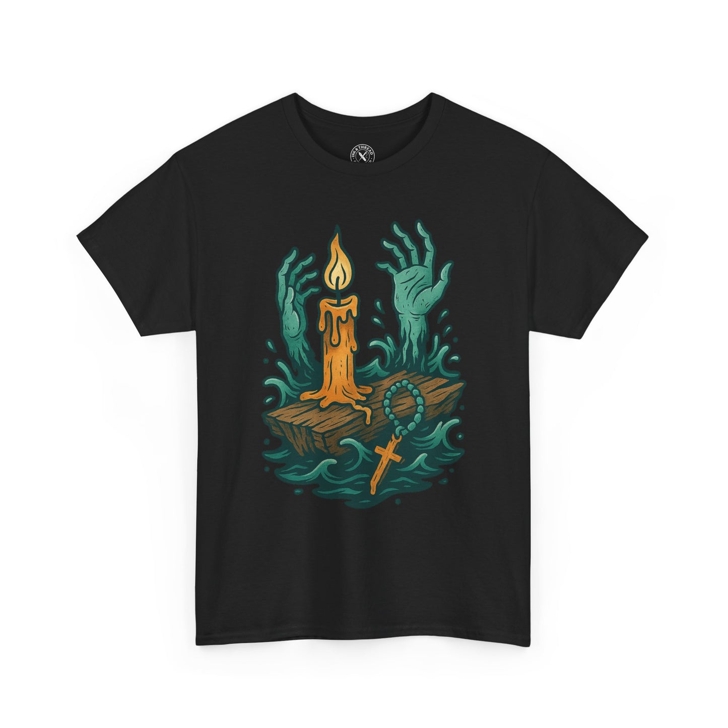 Black t-shirt with a graphic design of hands holding a candle on a white background