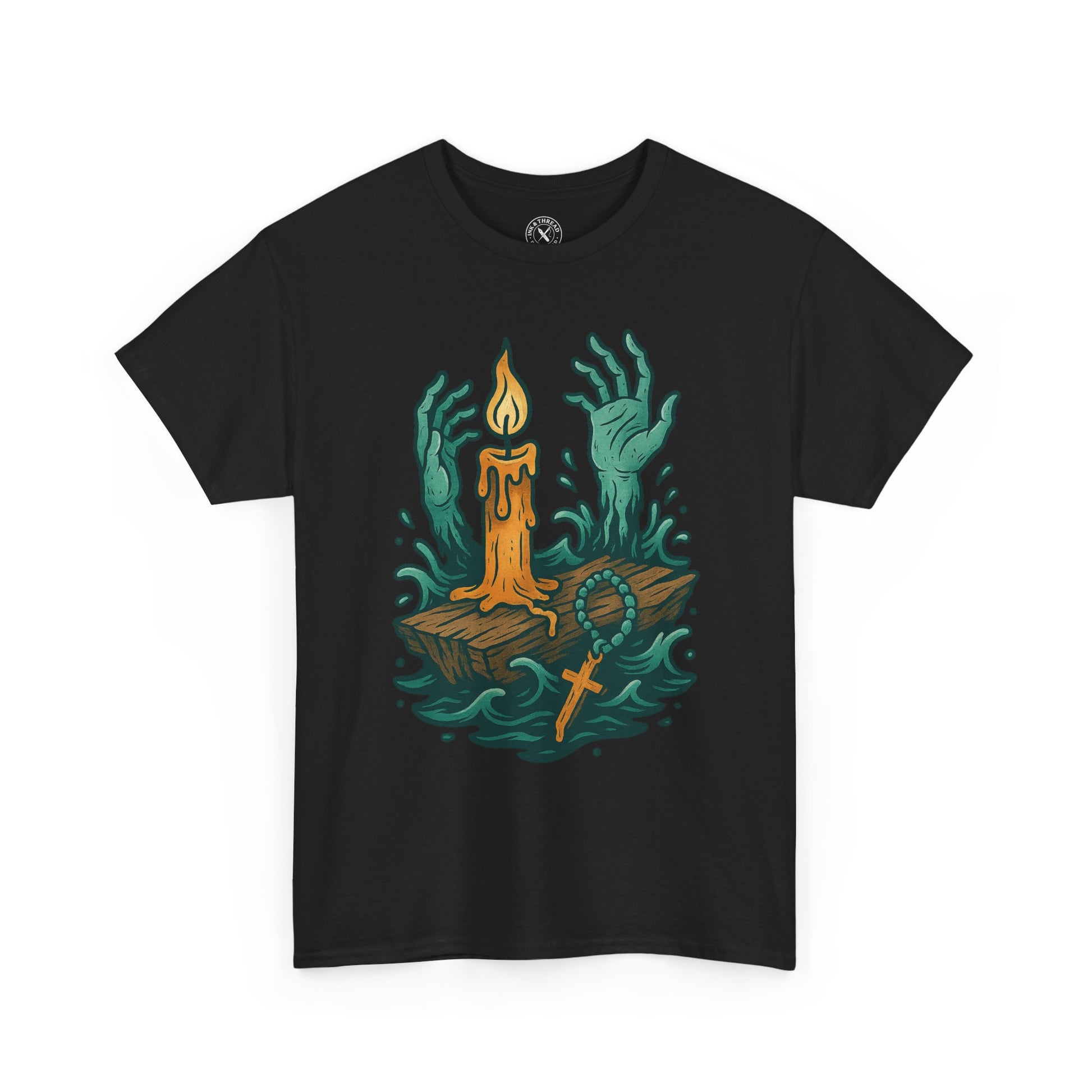 Black t-shirt with a graphic design of hands holding a candle on a white background