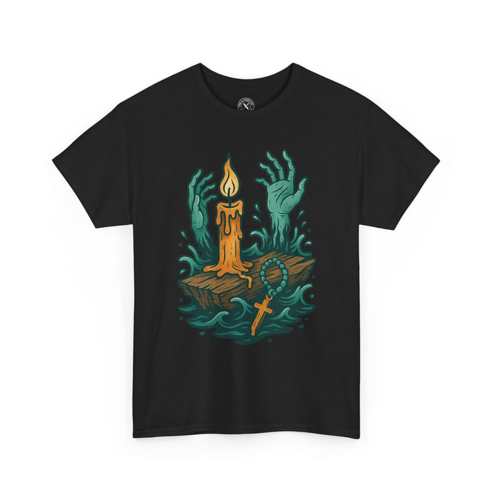 Black t-shirt with a graphic design of hands holding a candle on a white background