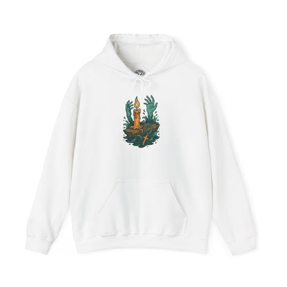 White hoodie with a graphic design on a white background