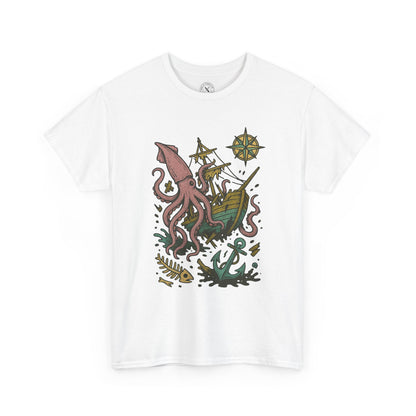 White t-shirt with a colorful octopus and ship design on a white background