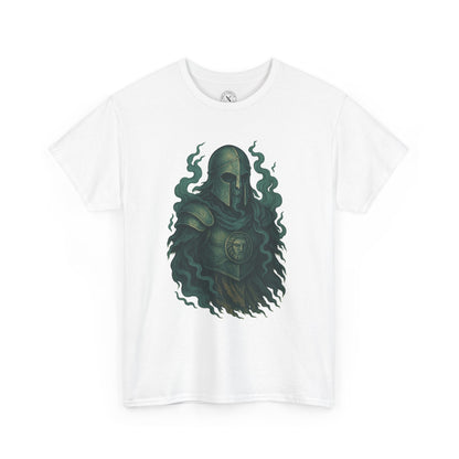 White t-shirt with a green graphic design on a white background