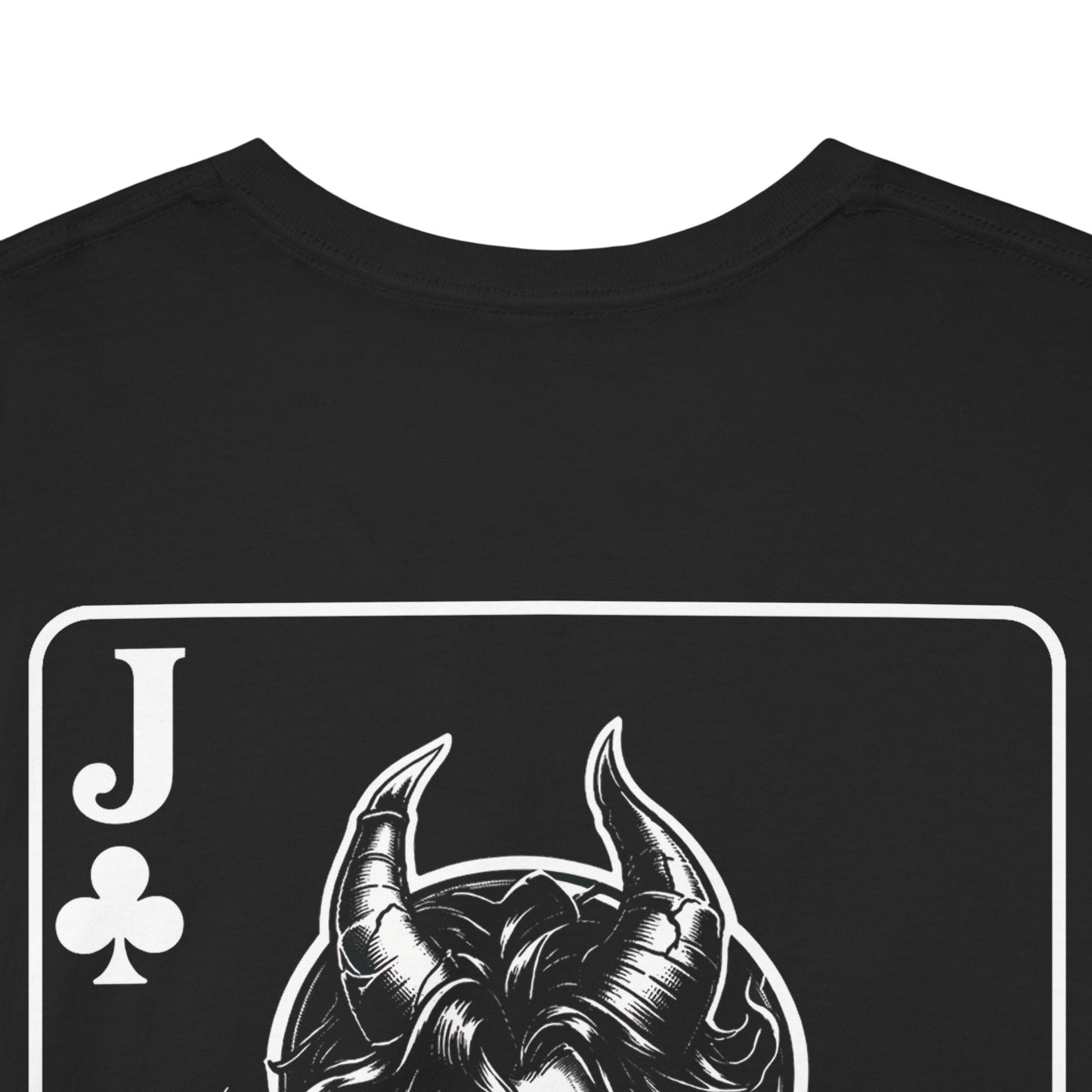 Black t-shirt with a white graphic of a jack of clubs card design featuring a helmet with horns on a white background.
