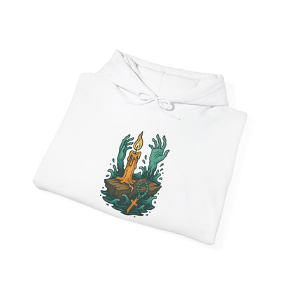 White hoodie with a graphic design of a candle and hands on a white background