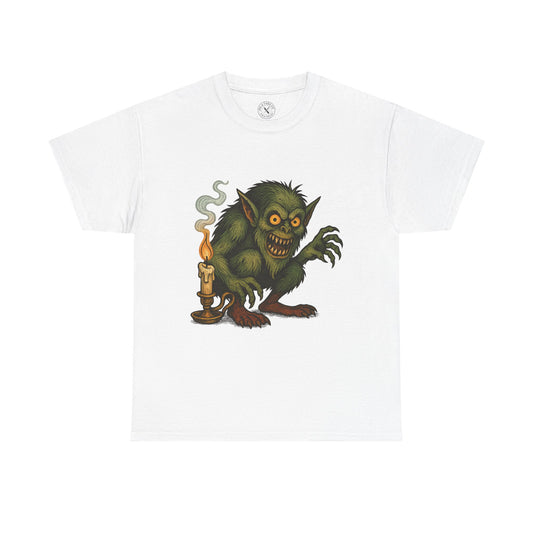 Nightlight Lurker dark Christmas tattoo art T-shirt featuring gremlin-like creature holding a candle
