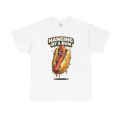 White t-shirt with a hot dog graphic and text 'Hanging By A Bun' on a white background