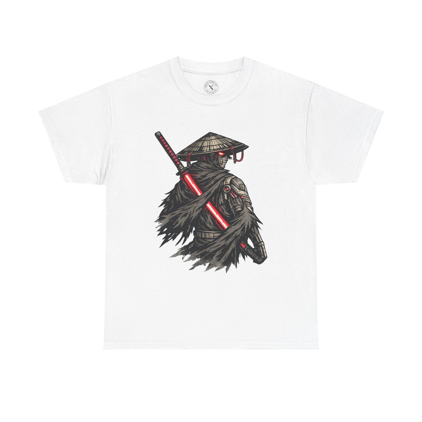 White t-shirt with a graphic of a samurai character holding a red sword on a white background