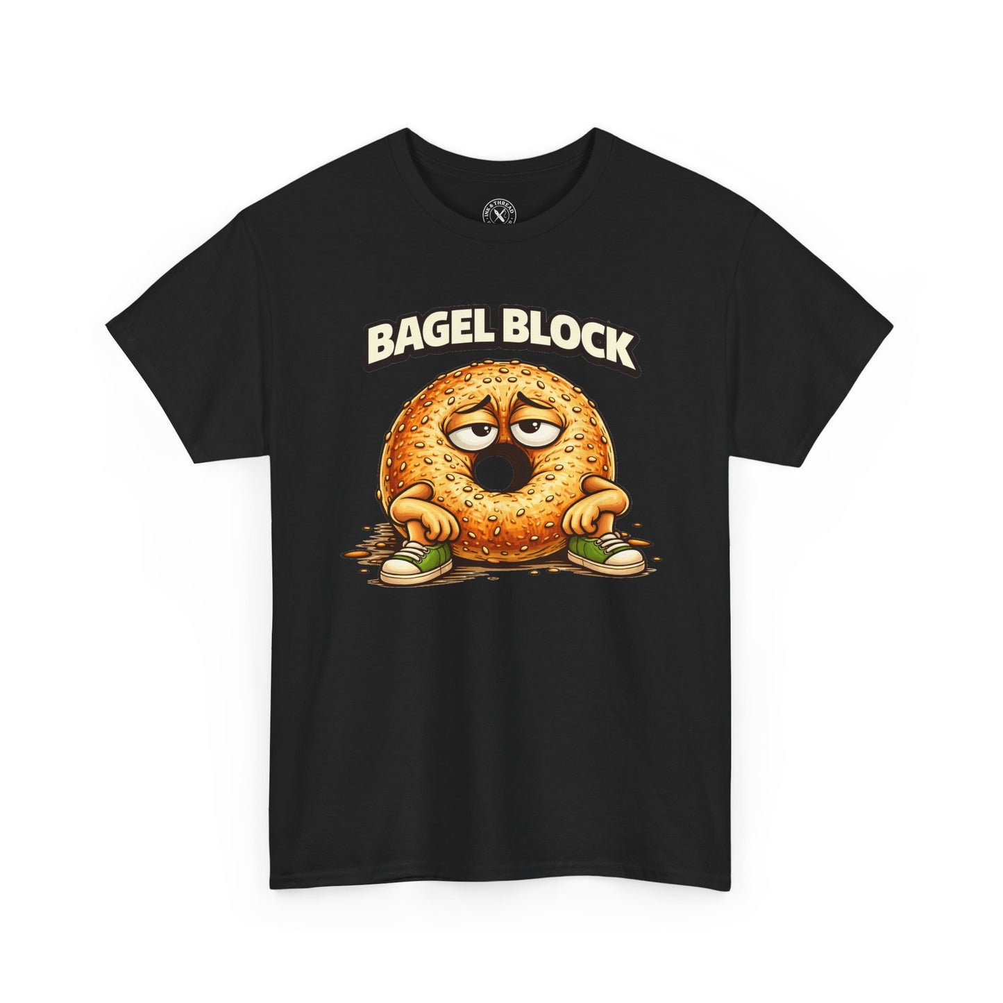 Black t-shirt with a cartoon bagel character and 'Bagel Block' text on a white background