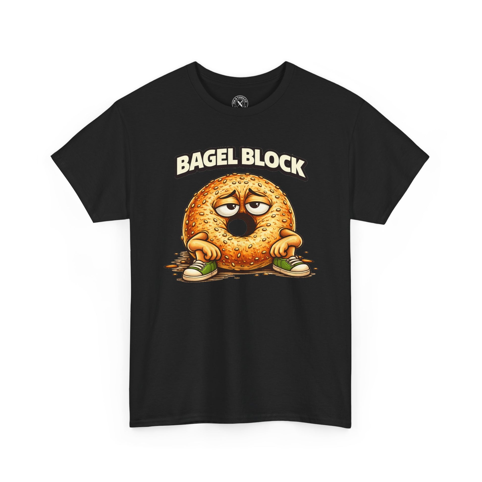 Black t-shirt with a cartoon bagel character and 'Bagel Block' text on a white background