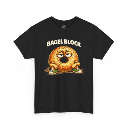 Black t-shirt with a cartoon bagel character and 'Bagel Block' text on a white background