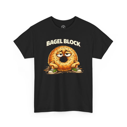 Black t-shirt with a cartoon bagel character and 'Bagel Block' text on a white background