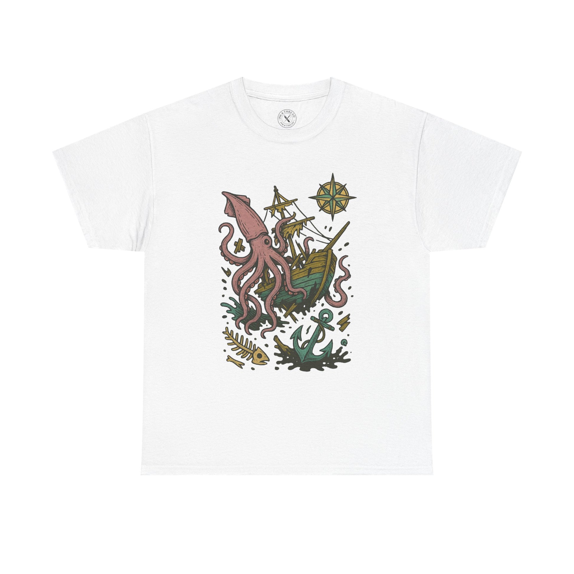 White t-shirt with a colorful graphic design featuring an octopus, ship, and anchor on a white background.