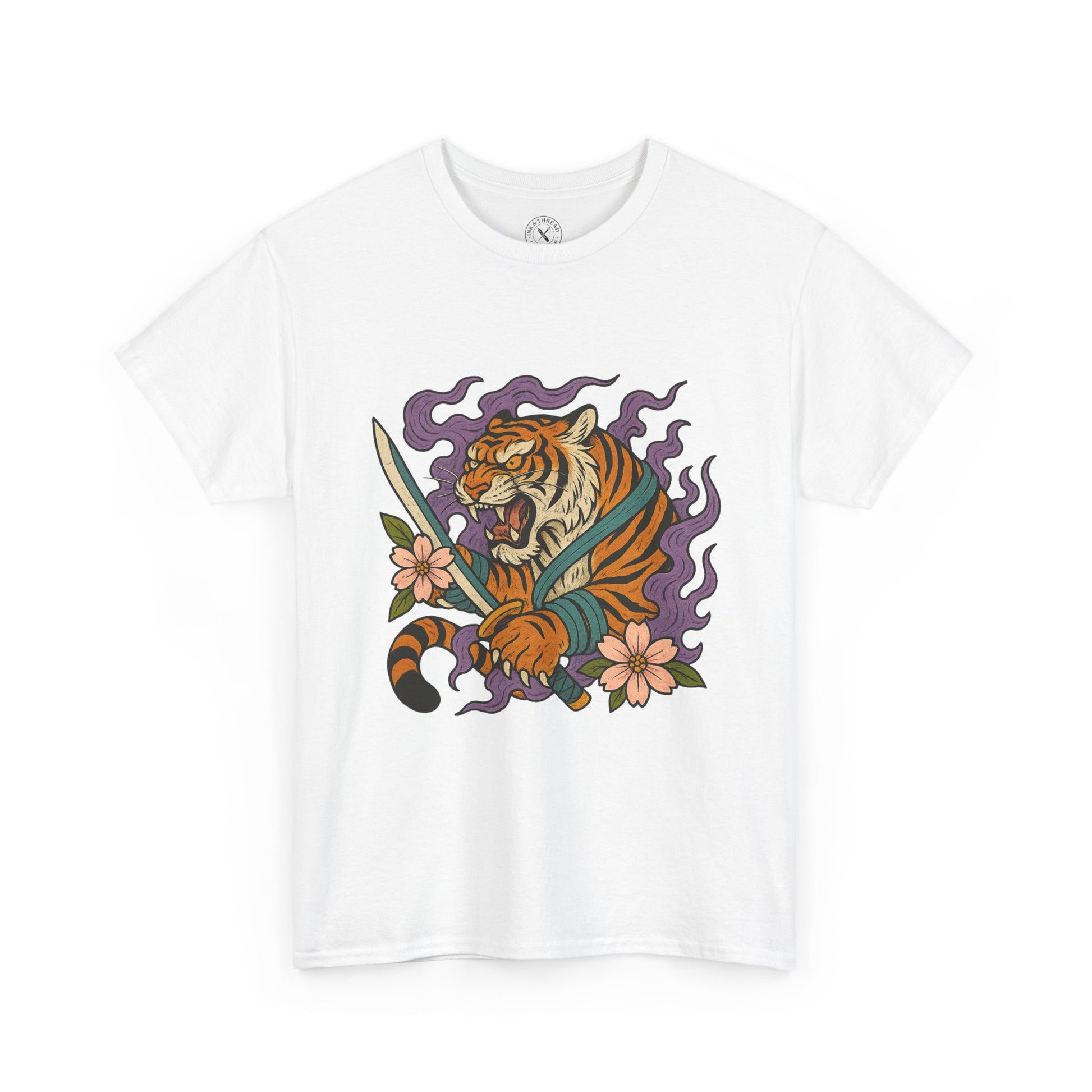 White t-shirt with a colorful tiger design on a white background