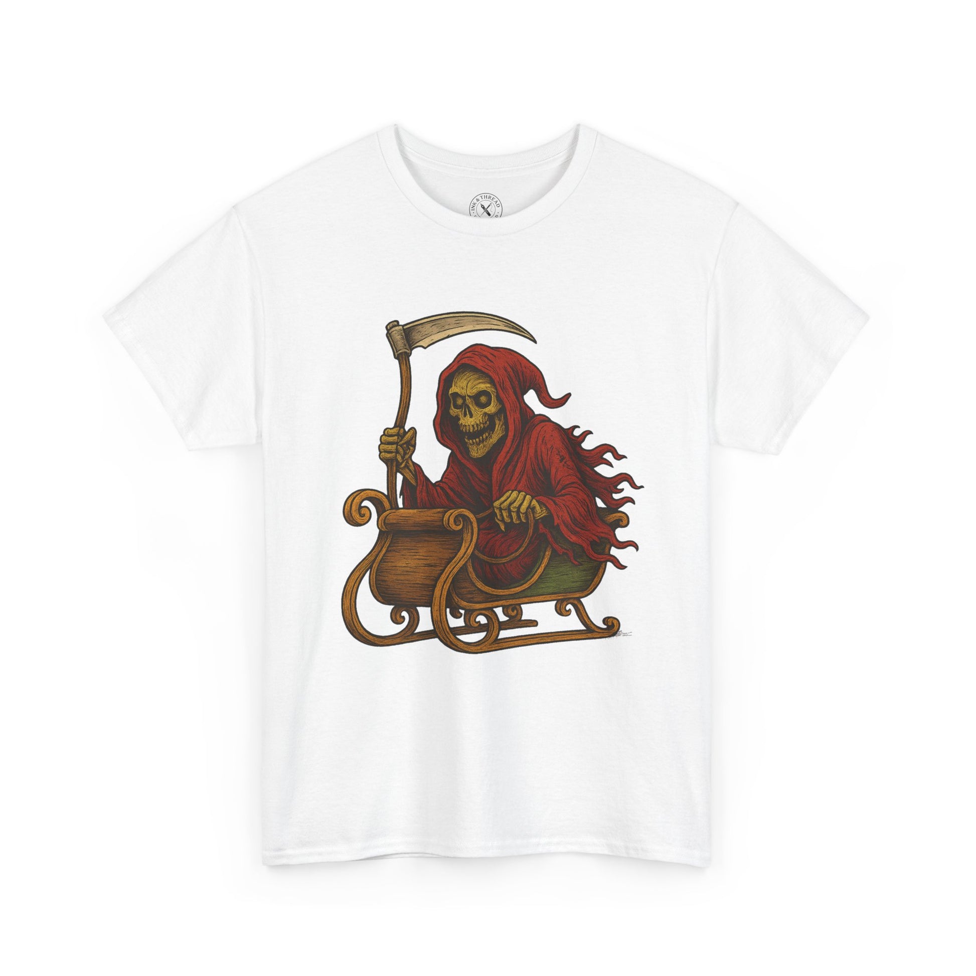 White t-shirt with a graphic of a skeleton in red robes on a sleigh holding a scythe.