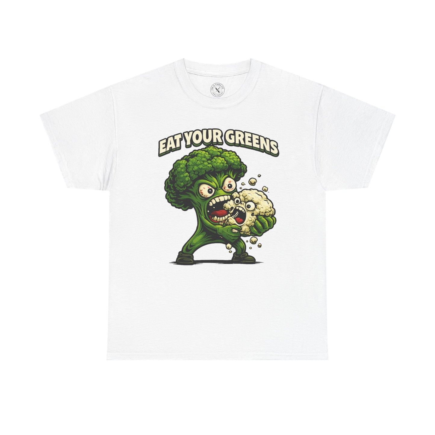 White t-shirt with a cartoon broccoli character holding a cauliflower and 'Eat Your Greens' text on a white background