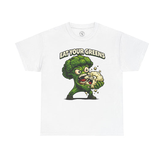White t-shirt with a cartoon broccoli character holding a cauliflower and 'Eat Your Greens' text on a white background