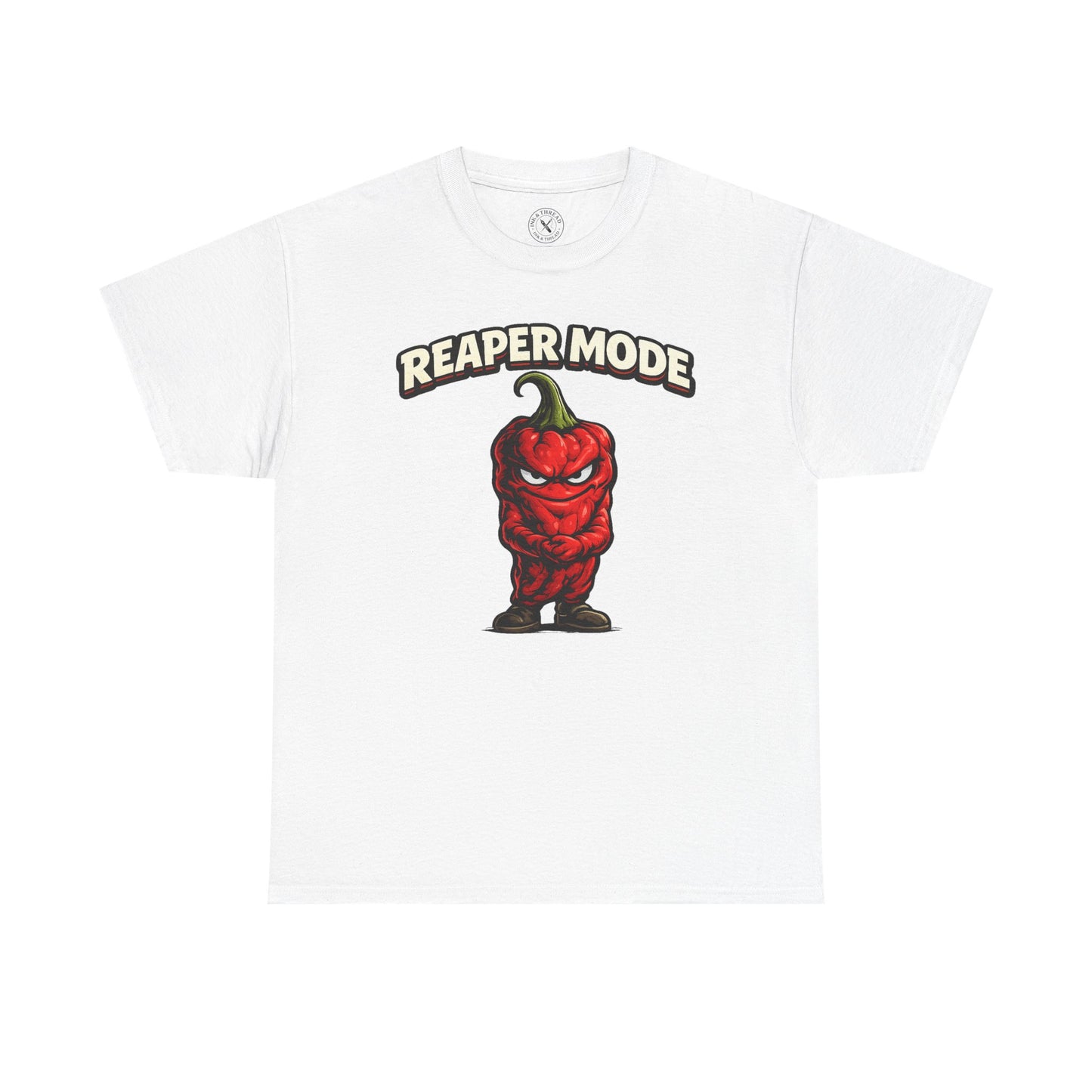 White t-shirt with a red pepper graphic and 'Reaper Mode' text on a white background