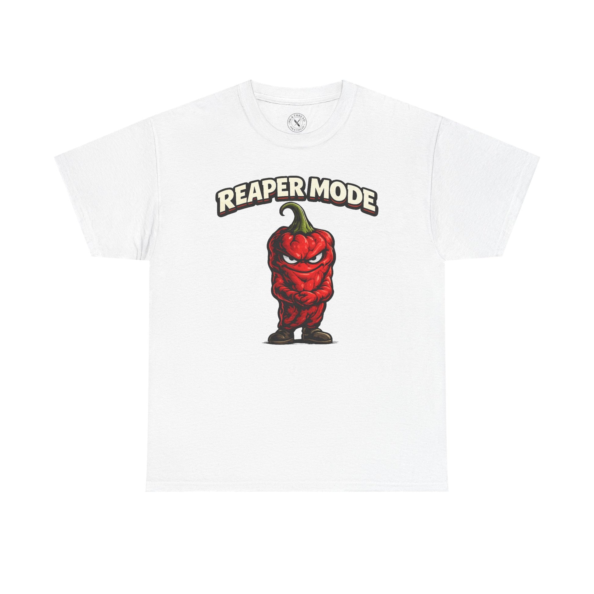 White t-shirt with a red pepper graphic and 'Reaper Mode' text on a white background